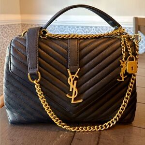 Black Leather Satchel Crossbody with Gold